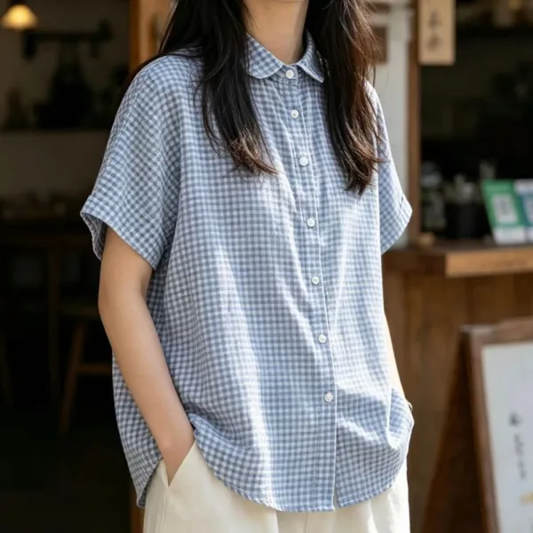 シャツ綿麻シングルブレストチェック柄ボタン | 上品なシルエット
