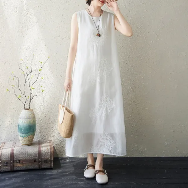 ノースリーブ  刺繍  タンクトップ  ワンピース  ホワイト  ロングスカート