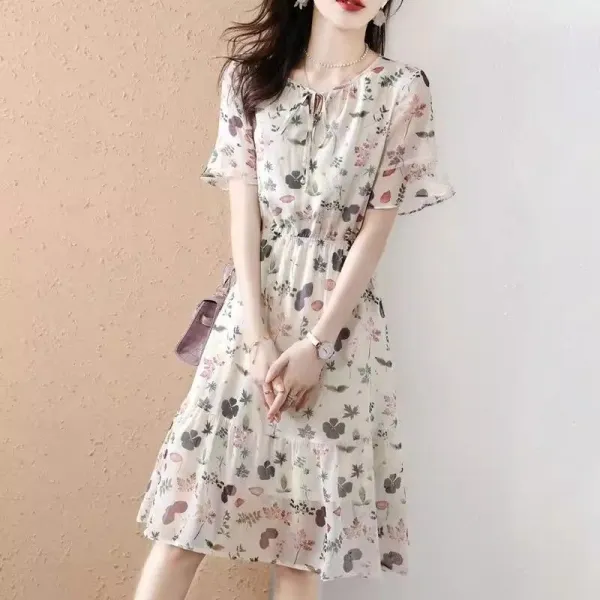 着痩せ  ゆったり  半袖  シフォン  ワンピース  夏  花柄