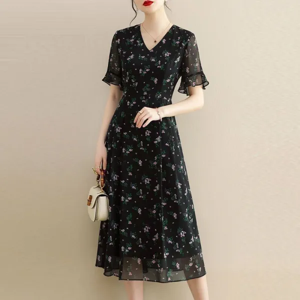 シフォンワンピースVネック半袖Aラインハイウエスト｜お買い得