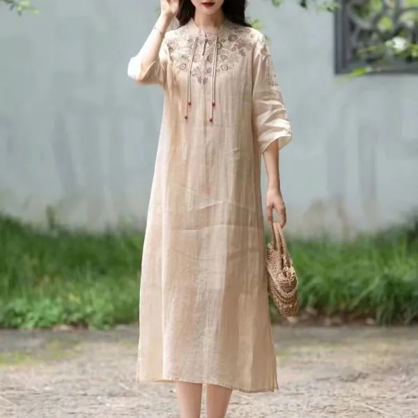 麻混刺繍ロングワンピース