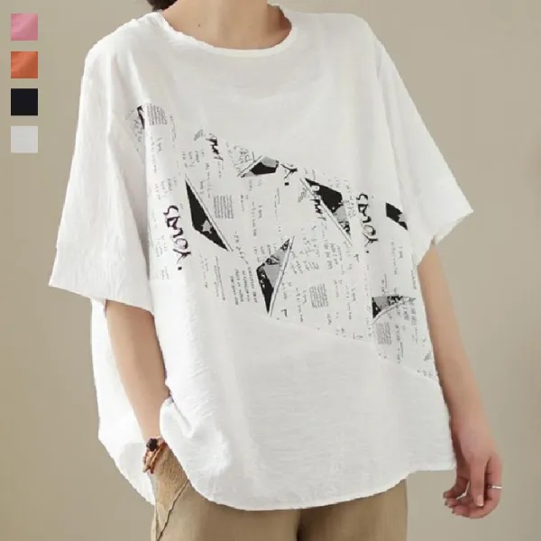 【全4色】Tシャツプリント五分袖ラウンドネック | ファッション感満々
