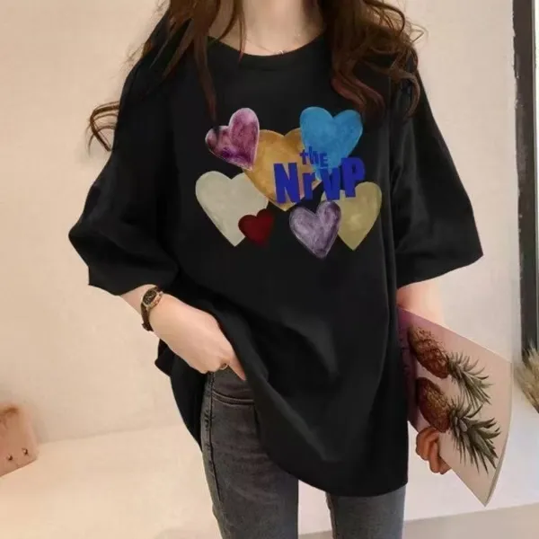 体型をカバー キュート アルファベット プリント ストリート系 ラウンドネック プルオーバー Tシャツ