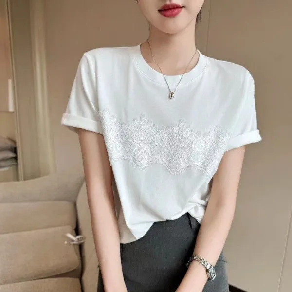 高評価・仕事用におすすめ おしゃれ度高め レース 切り替え シンプル ファッション Tシャツ