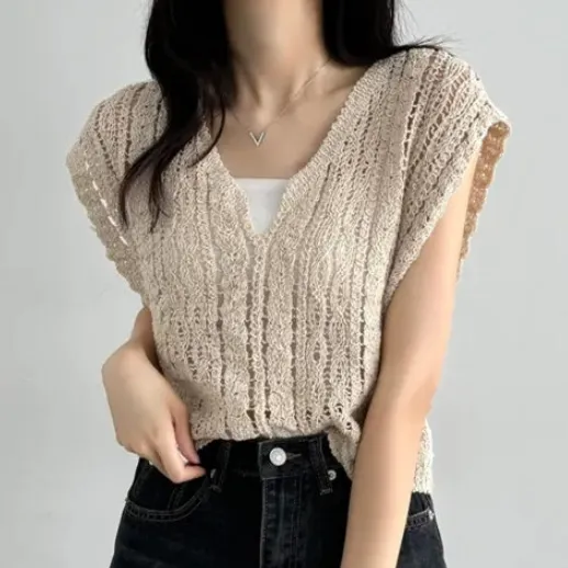 透かし編み ノースリーブ カジュアル 大きめのサイズ感 Vネック 通気性良い 人気沸騰 Tシャツ