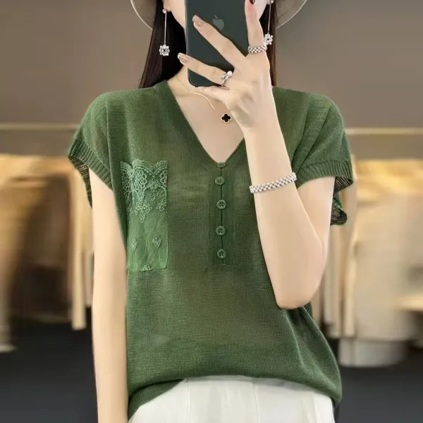 通気性良い レース 切り替え 高見えデザイン 美人度アップ Vネック ボタン半開き ニット Tシャツ
