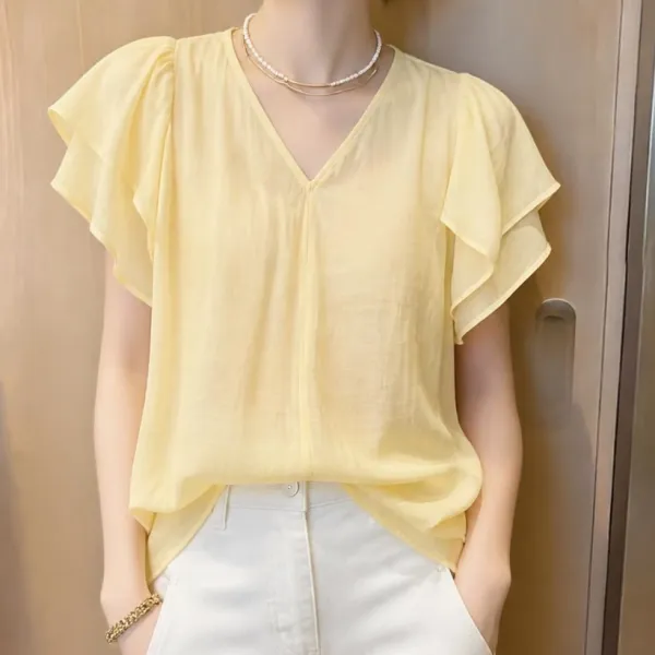 シフォンシャツフライスリーブ無地フリルVネック | 絶対流行