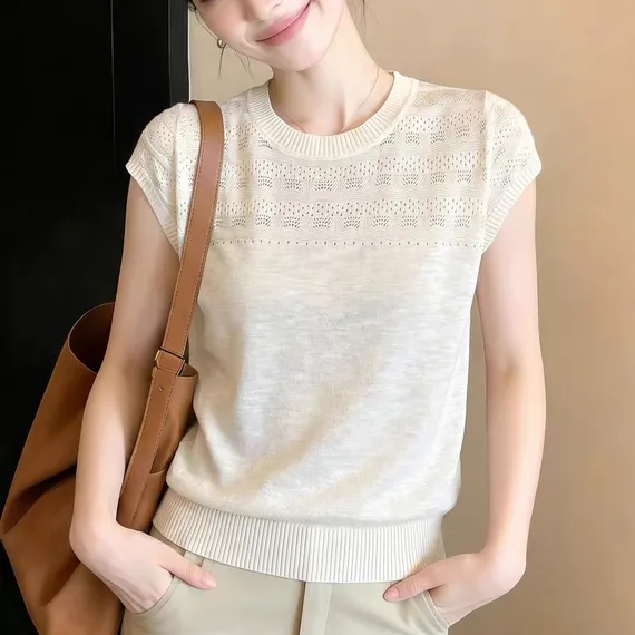 薄手素材 カットワーク 韓国系 無地 ファッション プルオーバー ラウンドネック ニット Tシャツ