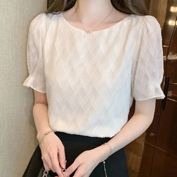 SNSで話題沸騰 可愛くて繊細な 上品さたっぷり 個性的なデザイン カジュアル ラウンドネック 無地 シフォンシャツ