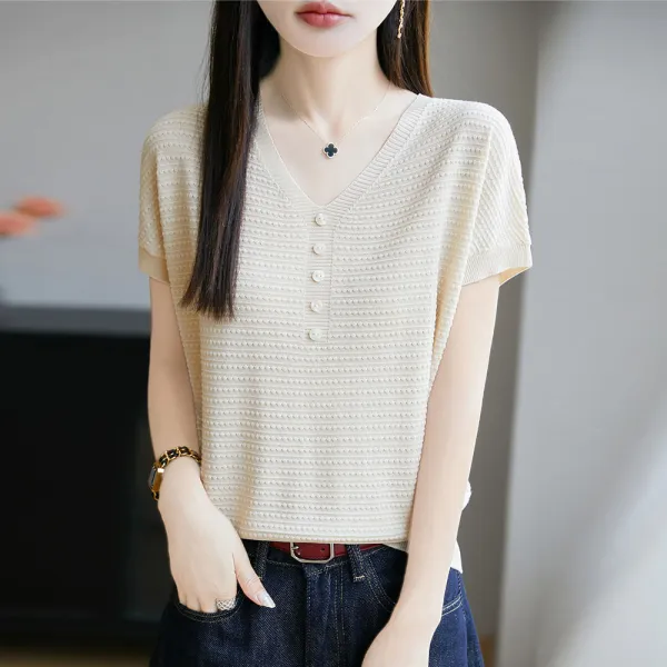 新商品＆再入荷 半袖 無地 ボタン Vネック フライスリーブ シンプル Tシャツ