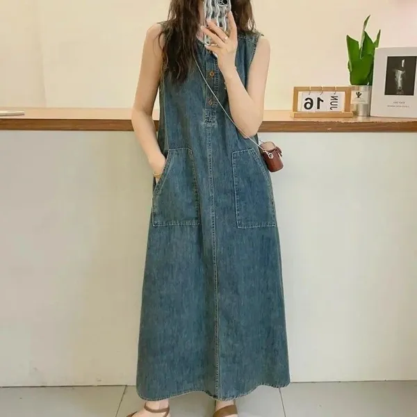 新商品＆再入荷 ボタン ポケット付き ストレート 無地 ノースリーブ レトロ ワンピース