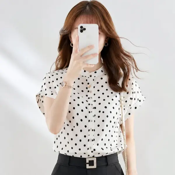 上品さたっぷり 通勤/OL 半袖 ドット柄 シングルブレスト シャツ