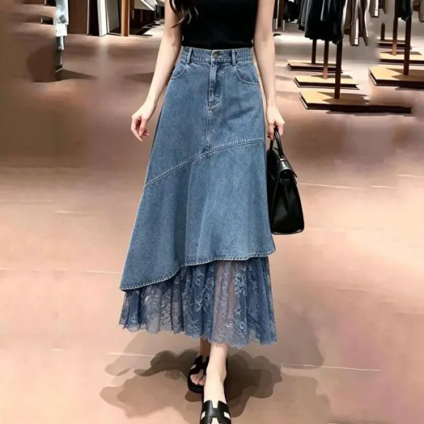スカート無地Aラインデニムレース｜大人可愛い