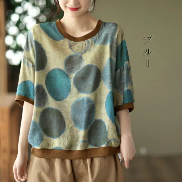 花柄 tシャツ レディース 半袖 カットソー ひんやり 涼しい プルオーバー 夏 カットソー 総柄 カジュアル 爽やか トップス 大人可愛い ゆったり 薄手 ファッション キレイめ 体型カバー ドット柄 コーヒー ブルー オレンジ 送料無料