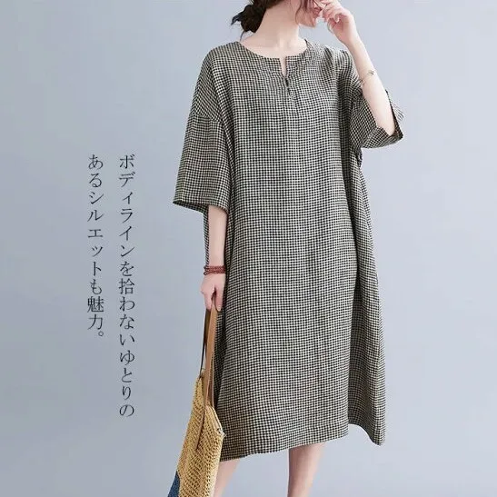 リネン ワンピース ロング レディース 五分袖 マキシワンピース 綿麻 Uネック ロングワンピース 千鳥格子 ドレス マキシ丈 フレアワンピース サイドポケット 二の腕カバー バックシャン 大人 可愛い 楽ちん 美脚 清楚感 Aライン シンプル 部屋着 通勤 お呼ばれ 夏秋