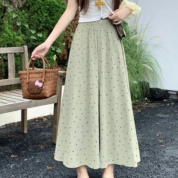 ワイドパンツ 水玉柄 ドット柄 レディース ワイド パンツ カジュアル 薄手 お洒落 春夏 ドットパンツ 九分丈 ボトムス ゆったり 美脚 長ズボン イージーパンツ ウェストゴム ハイウエスト ワイド裾 ロングパンツ 通気性 吸湿性 涼しい