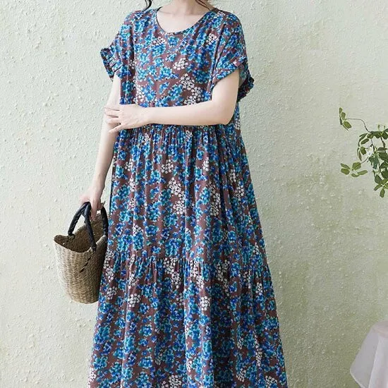 ロングワンピース フレンチスリーブ レディース 夏 ティアードワンピース マキシ丈ワンピース 春 秋 クルーネック ドット柄 ワンピース 丸首 ポケット付き ワンピ 花柄 フレアワンピース ゆったり 体型カバー リゾートワンピース オフィス シンプル きれいめ カジュアル