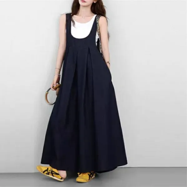 デニムワンピース サロペット レディース ジャンパースカート U ネックサロペットロングワンピース 春夏ジャンパースカー ゆったり ウエストギャザー マキシ丈 マキシ丈ワンピース Aラインワンピース ノースリーブ レイヤード風 重ね着 体型カバー おしゃれ リラックス