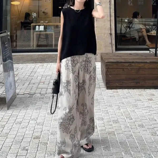 【単品注文】 夏服 ノースリーブ プルオーバー トップス+涼感 プリントワイドパンツ  ゆったり 体型カバー２点セット