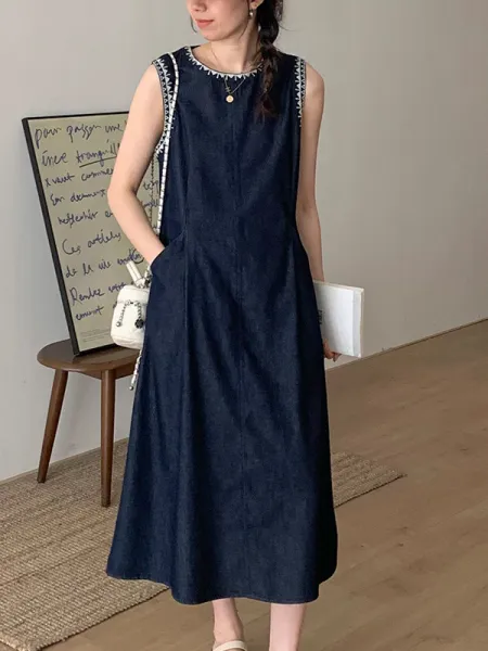 デニムワンピース ロングワンピース 春夏 レディース デニム ワンピ ゆったり お洒落 ノースリーブ ロングワンピ Aライン ミモレ丈 袖なし ワンピース 羽織 体型カバー フレア オールインワン 着痩せ 着心地良い レトロ カジュアル 涼しい 楽ちん 送料無料 ブルー