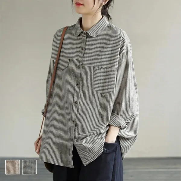 体型カバー  着痩せ  ゆったり  長袖  シャツ  アウター  秋  ストライプ