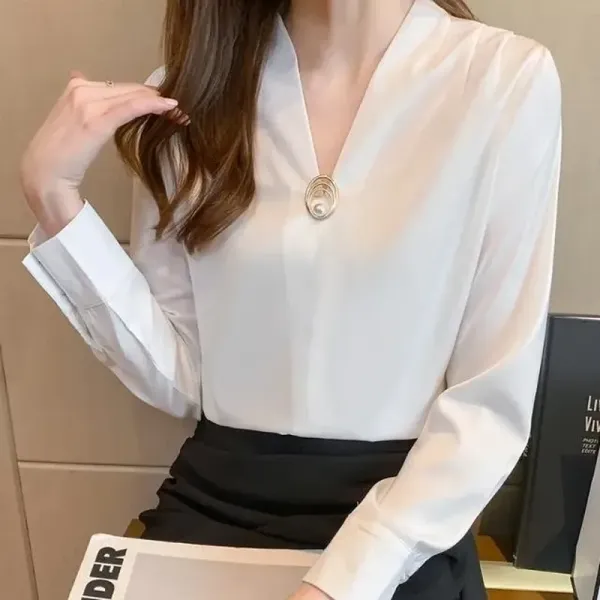 【お買い得】無地 長袖 Vネック シャツ　レディース トップス
