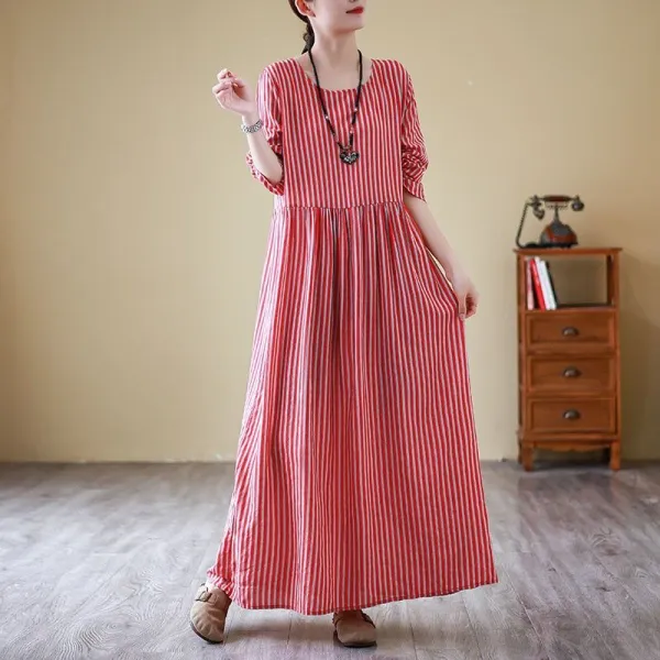 ロングワンピースAラインハイウエスト配色ストライプ柄長袖｜Basic日常シンプル