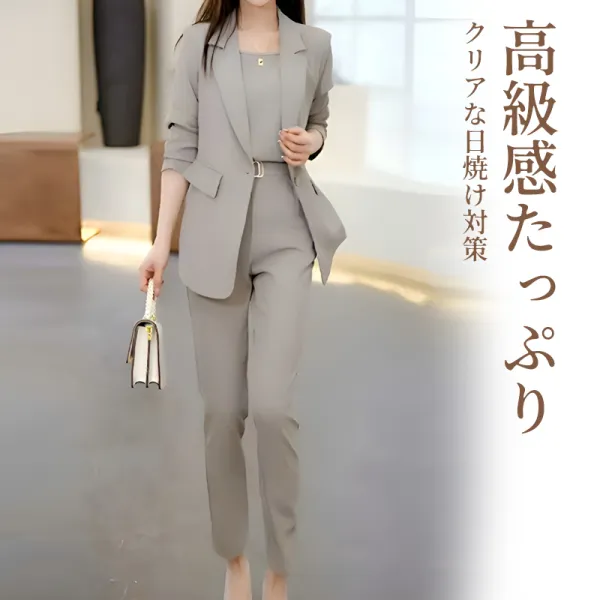 入学式 入園式 卒業式 卒園式 七五三 結婚式 仕事 ママスーツ フォーマル【3点SET】無地 ノースリーブ キャミソール+折り襟 長袖 ジャケット+きれいめ系 パンツセット