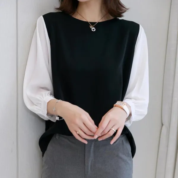 絶対可愛いレイヤード風ラウンドネック切り替え七分袖チェック柄レディースTシャツ