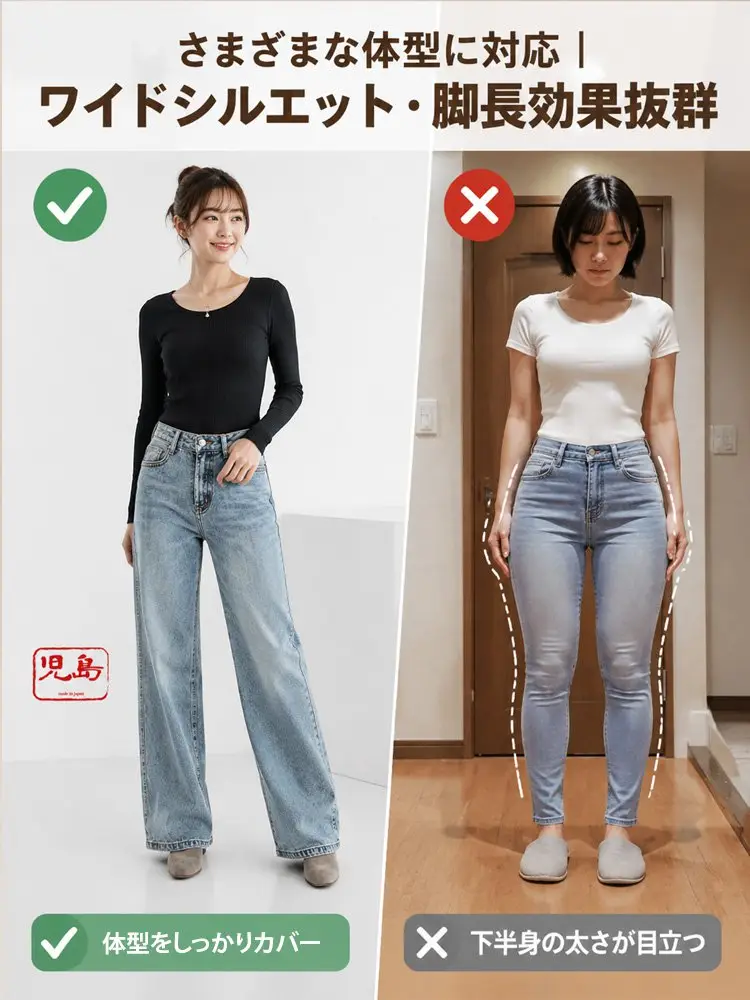 レディスヒップアップ立体裁断細見えドレープ感デニムパンツ