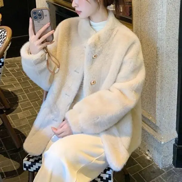 フェイクファー ジャケット レディース スタンドカラー ツイード風 アウター ミセス 大きいサイズ ベージュ M〜L