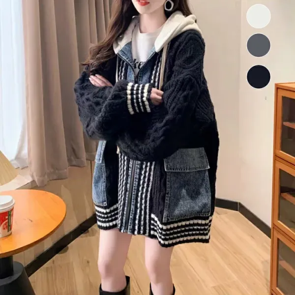 デニム切替 ニットカーディガン レディース フード付き フェイクレイヤード 厚手 オーバーサイズ 韓国風 ヴィンテージ アウター 多色展開 フリーサイズ