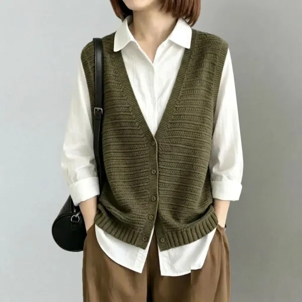 レトロVネック シングルボタン ニットベスト レディース