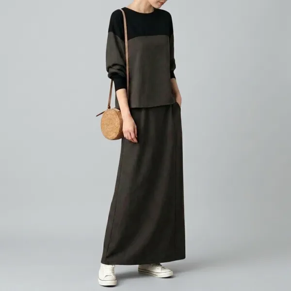 配色クルーネックトップス＆ストレートスカート セットアップ レディース