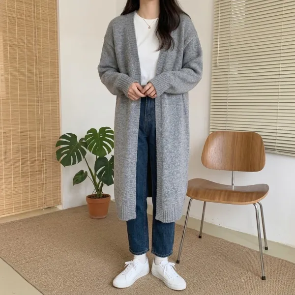 レトロ上品 リラックスシルエット ロングニットカーディガン レディース