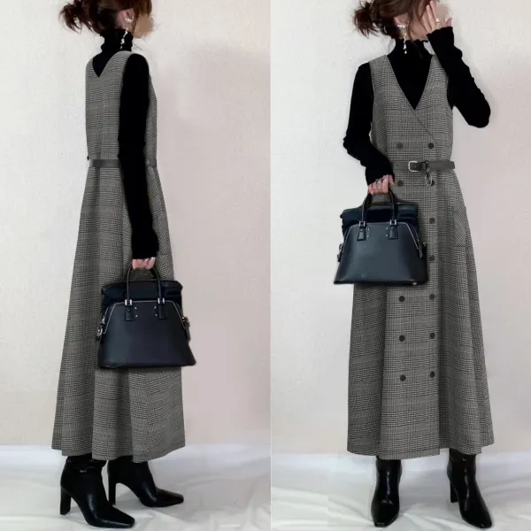 主役級 シンプル ポケット付き ボタン ベルト付き Vネック ノースリーブ チェック柄 ジャンパースカート fashion ootd カジュアルコーデ ファッション コーディネート 今日のコーデ coordinate トレンドコーデ シンプ
