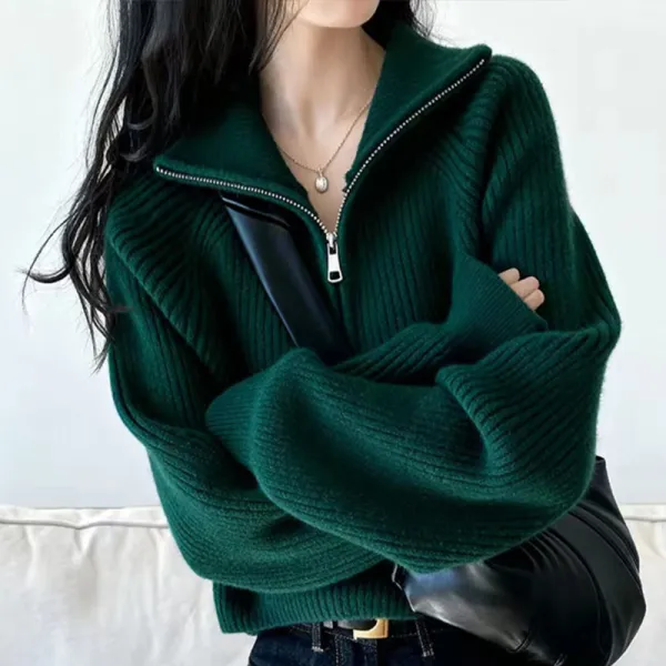 ニットセーター長袖ファスナーハーフネック無地 | 個性的なデザイン