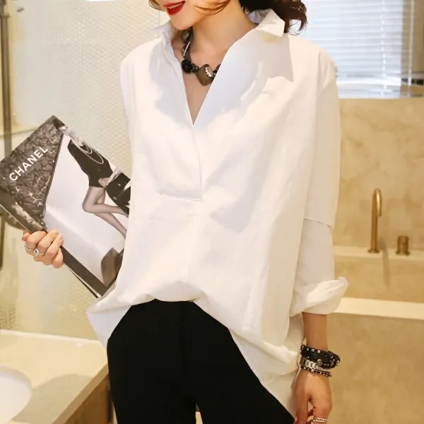 【S-2XL】絶対欲しい フェミニン 無地 Vネック スリット プルオーバー 女性らしい シャツ