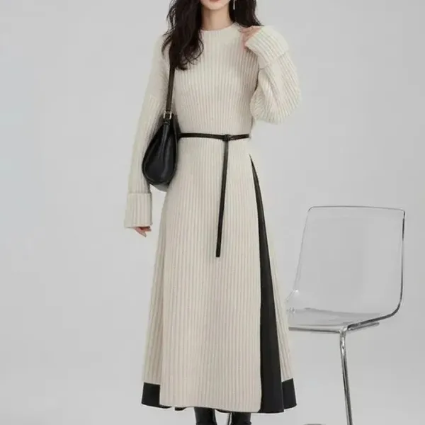 【単品注文】No.1 人気商品 切り替え 無地 Aライン ベルト 長袖 フェミニン トップス+ワンピース 2点セットアップ