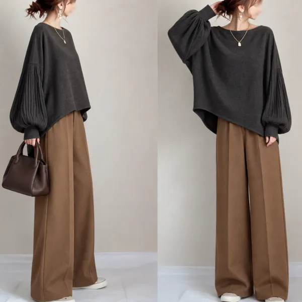 2点セット｜ランタンスリーブラウンドネックＴシャツ+ガウチョパンツ無地ハイウエスト｜存在感抜群