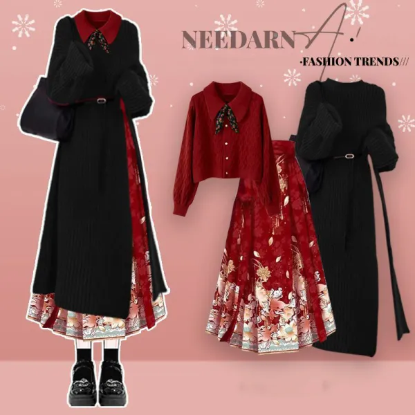 【全2色】単品可3点セット｜無地長袖トップス+プリントスカート｜ゆったり通勤