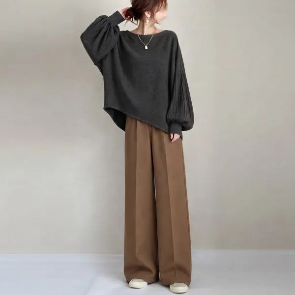 2点セット｜ランタンスリーブラウンドネックＴシャツ+ガウチョパンツ無地ハイウエスト｜存在感抜群