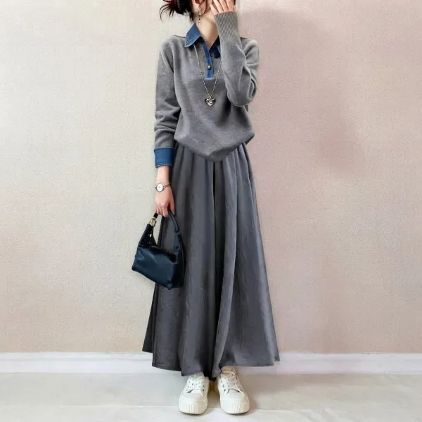 単品可2点セット｜長袖配色ラウンドネック切り替えトップス+パンツ | 人気商品再入荷
