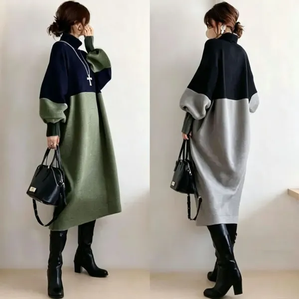 ハイネック ニットワンピース ゆったり オーバーサイズ 配色 切替 長袖 カジュアル 多色展開 S〜L