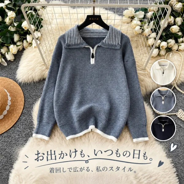 【全3色】ニットセーターハーフジップ配色長袖折り襟 | 素敵に見せる