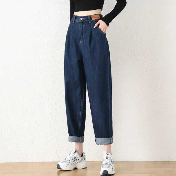 大きいサイズ レディース ハーレムデニムパンツ ハイウエスト ウエストゴム ゆったり ストレート ワイド ダッドパンツ ネイビー S〜3XL