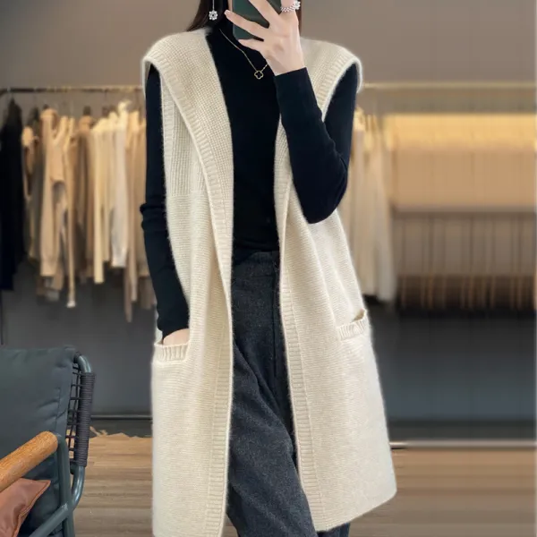 ニットベスト レディース フード付き ノースリーブ ロング丈 ジップアップ ゆったり カーディガン 多色展開 M〜2XL 大きいサイズ