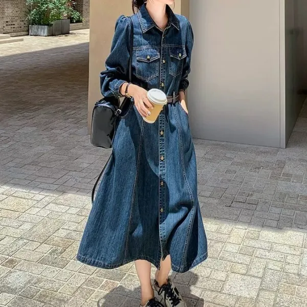 デニムワンピース レディース ロング丈 シャツワンピース ウエスト絞り 長袖 レトロ カジュアル ブルー S〜XXL 大きいサイズ